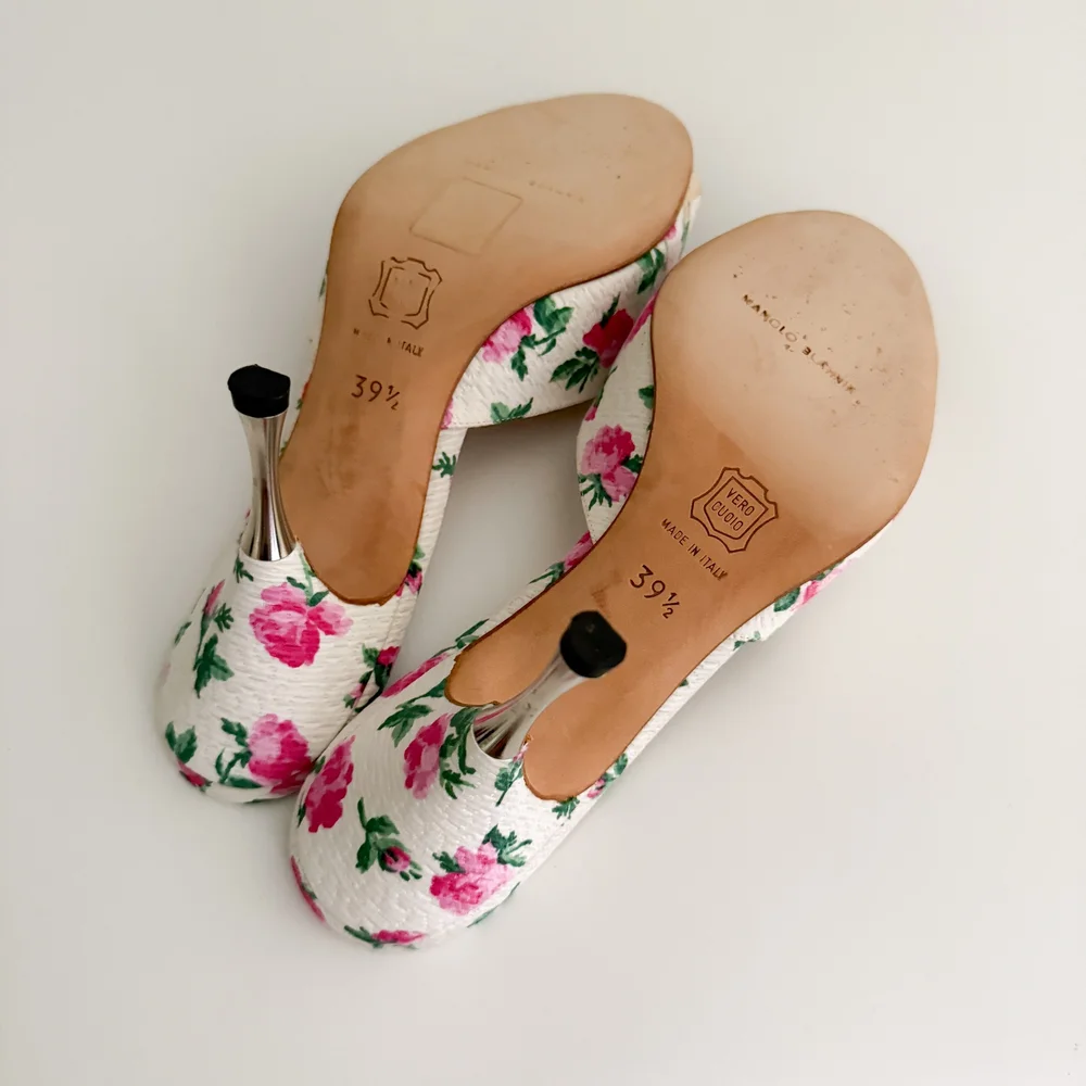 Manolo Blahnik Vintage White, Pink & Green Flower Sandal Heels (US